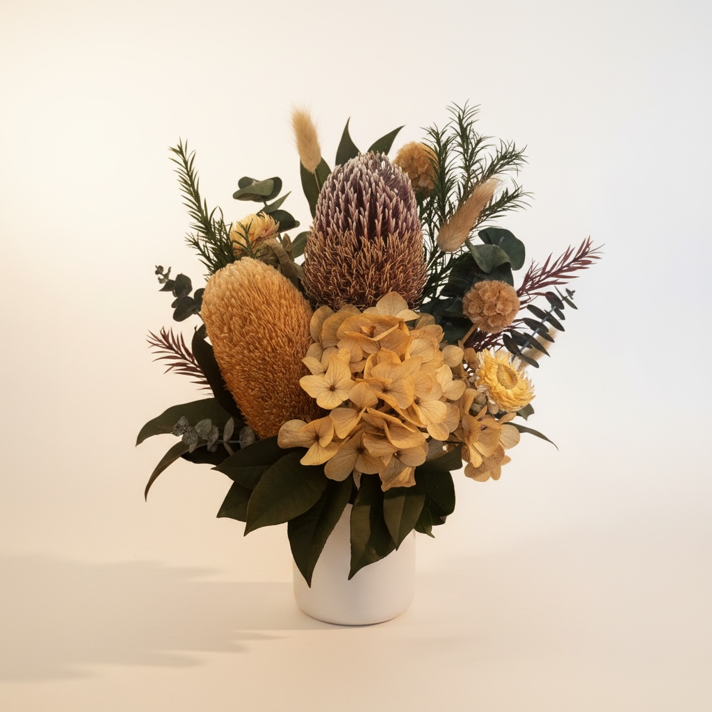 Little Billy - Preserved native florals with banksia & hydrangea in white ribbed vase