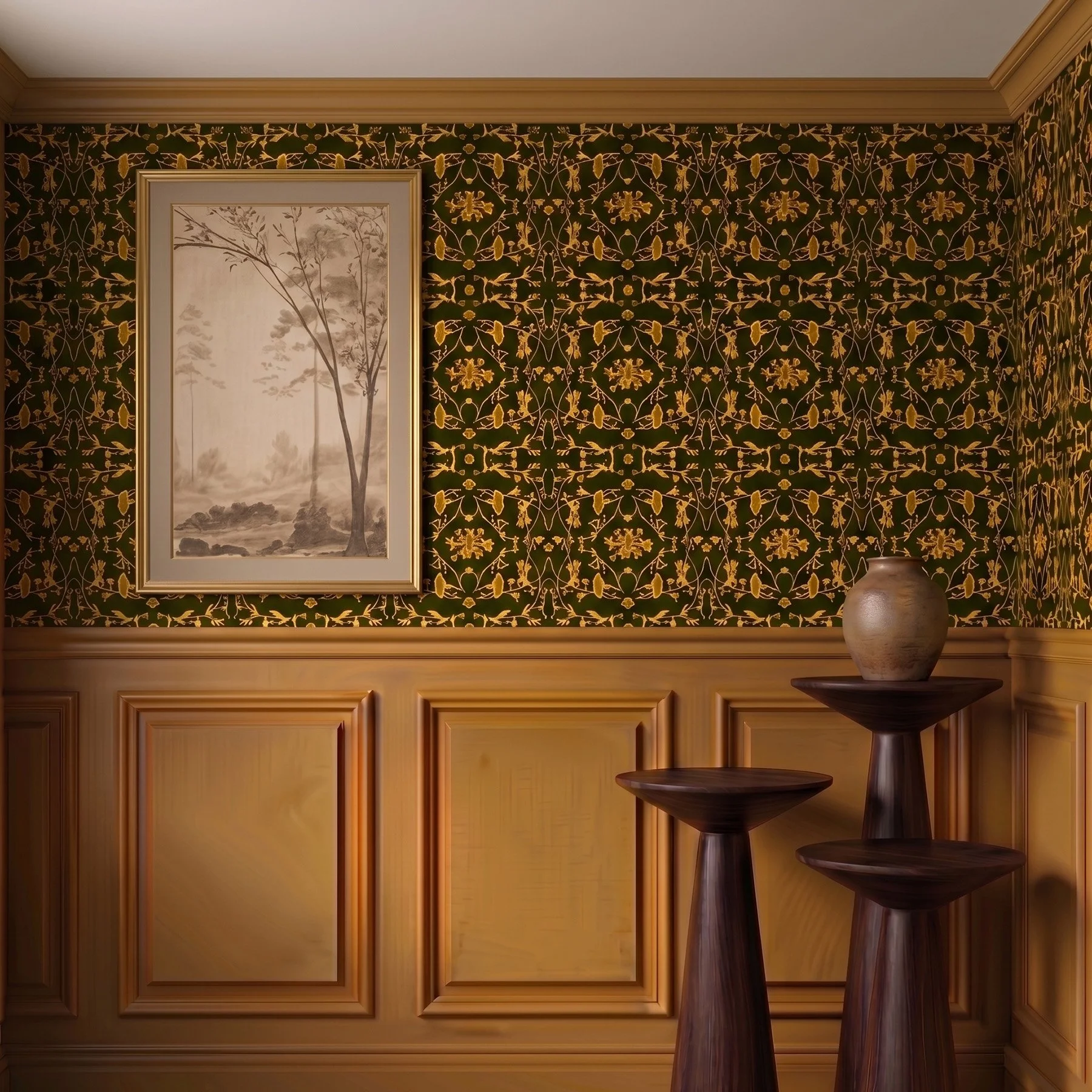 wallpaper, abstact, botanical, floral, deep green, brown, earth tones