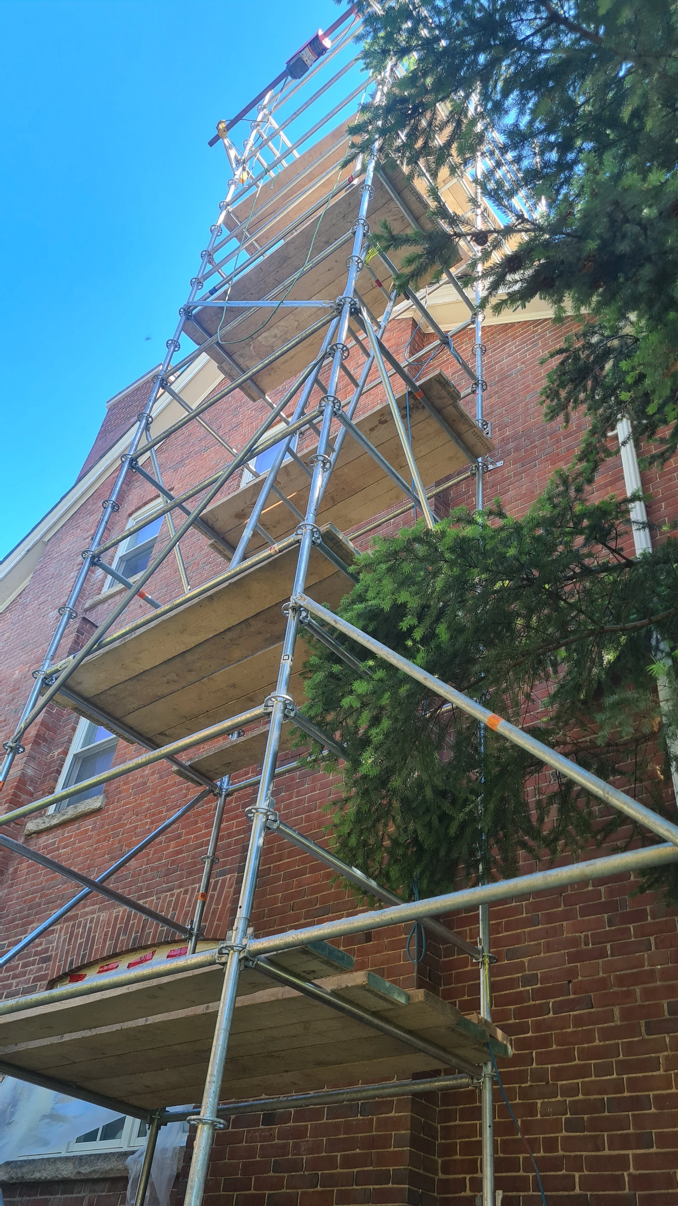 Scaffolding set up next to a brick building with a green tree in the foreground and a clear blue sky in the background.