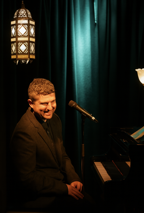 A man sitting at a black grand piano on a stage with green curtains, smiling, with a microphone set up nearby, and decorative hanging lamps overhead.