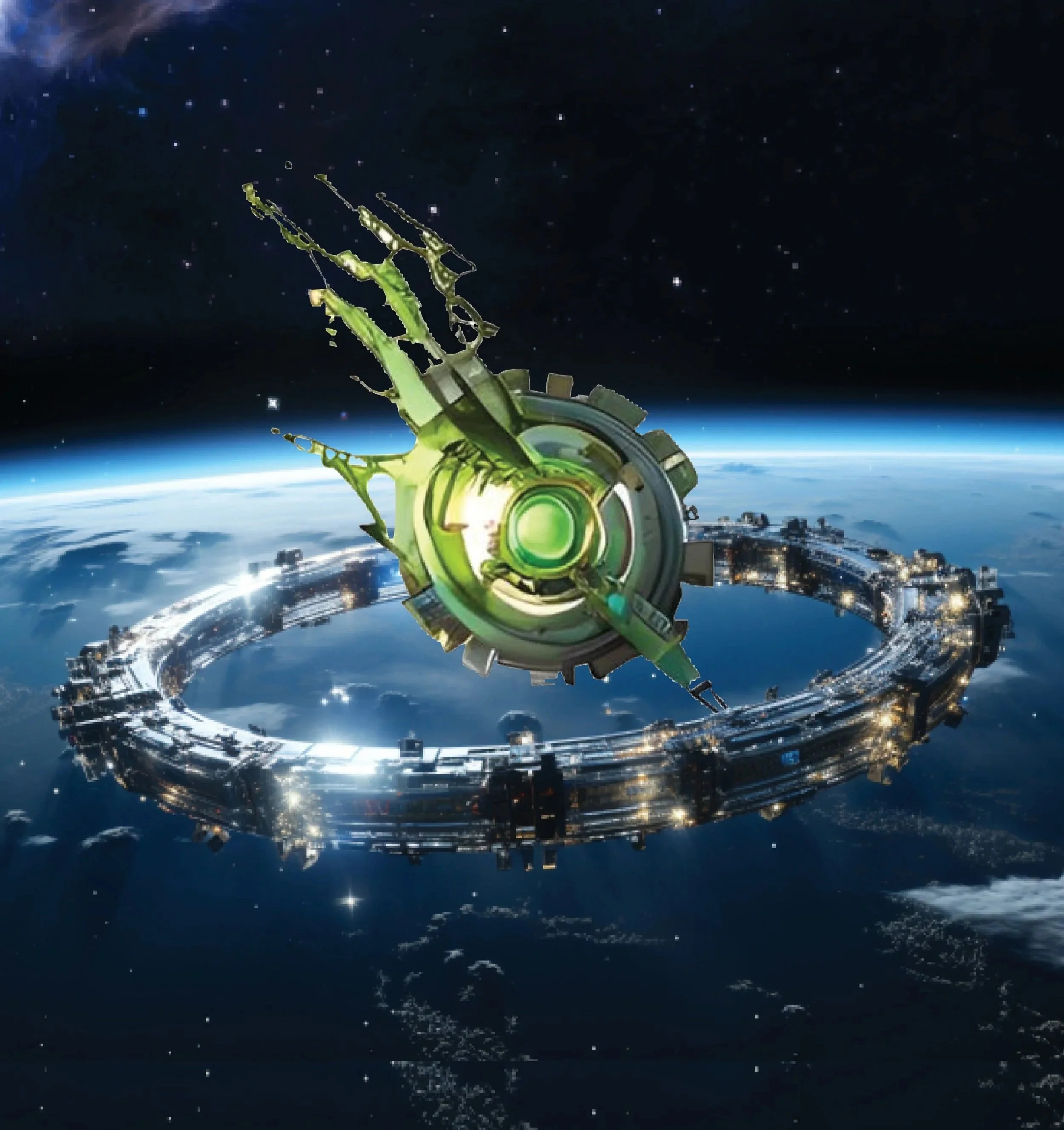 View of Earth from space with a large, green, futuristic space station or satellite in orbit, featuring an unusual, complex structure with various protrusions and circular design elements, set against a starry night sky.