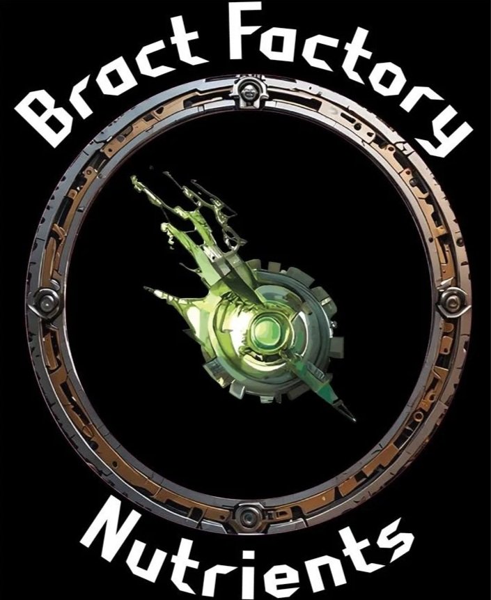 A clock face with mechanical and futuristic design elements, featuring green glowing core, fins, and gears, with text "Broct Factory" at the top and "Nutrients" at the bottom.