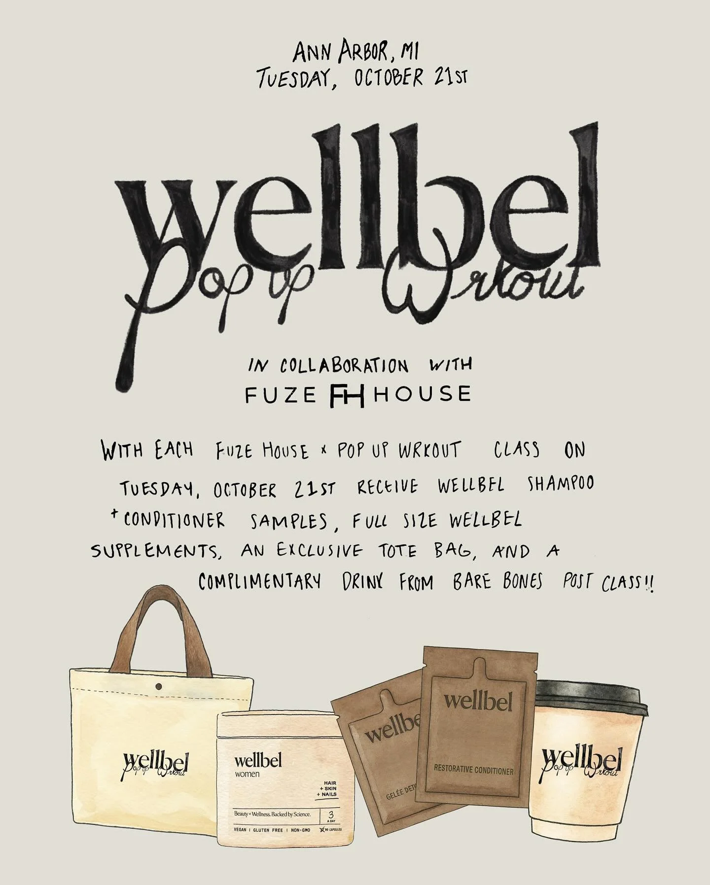 Ann Arbor, meet @wellbel 🩶 Each @fuzehouse x @popupwrkout class on Tuesday, October 21st will receive full size Wellbel supplements, Wellbel Detox + Restore Duo shampoo &amp; conditioner samples, an exclusive tote bag, and a complimentary drink from
