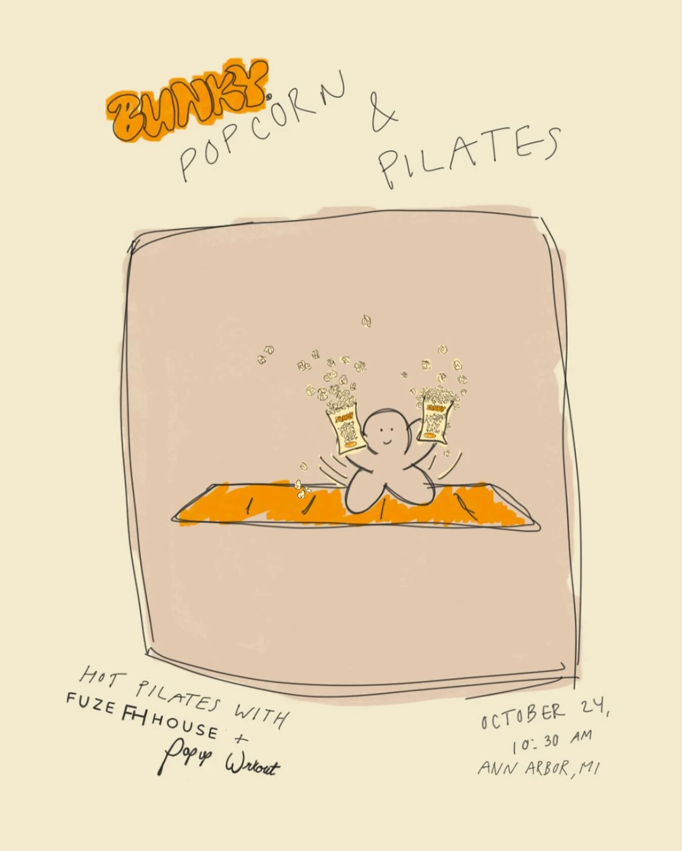 POPCORN &amp; PILATES IN ANN ARBOR, MI WITH @munchbunky OCTOBER 24 @ 10:30AM!! Everyone who signs up gets protein popcorn and a @fuzehouse workout 🍿🍿🧡

**Caution: don&rsquo;t do jumping jacks while eating popcorn