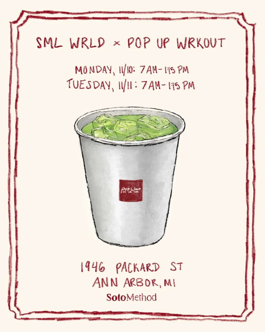 @smlwrldcafe pop up at @popupwrkout Monday 11/10 and Tuesday 11/11. Sml Wrid @sotomethod class takeover Tuesday 11/12 @ 9:30am - book your spot now on popupwrkout.com. See you there 🍵🍵🍵🍵