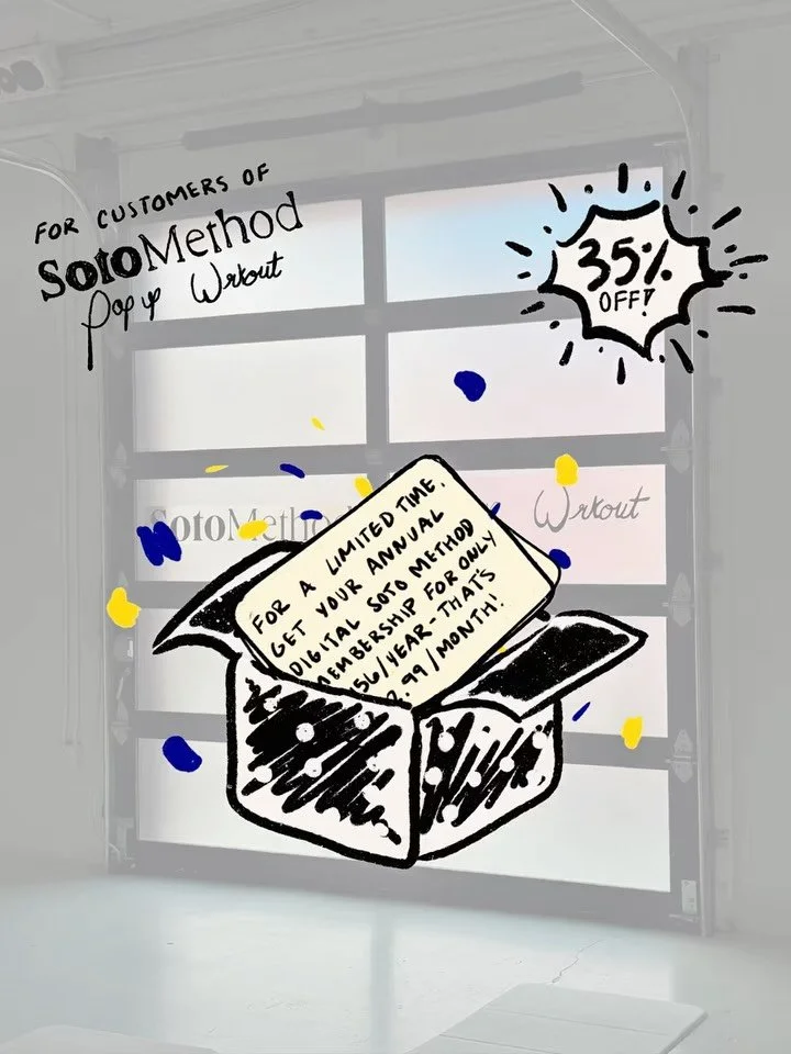 HAPPY HOLIDAYS, BLACK FRIDAY CAME EARLY!!! Everyone who signs up for a @sotomethod x @popupwrkout class (11/8-11/11) will find a card on their mat granting them 35% OFF an annual membership to Soto Method&rsquo;s digital platform !!!! Only $12.99/mon