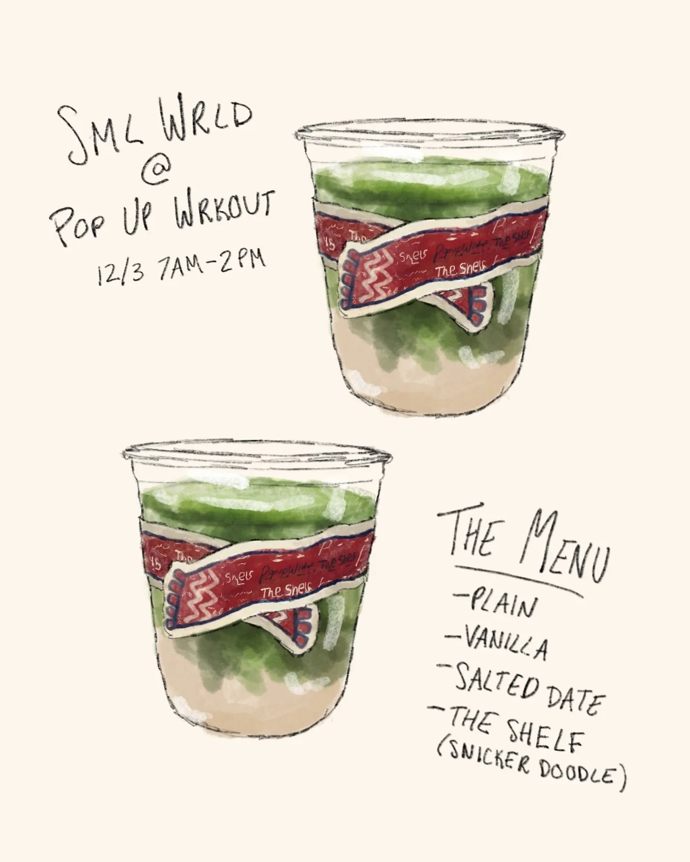 @smlwrldcafe at @popupwrkout from 7am-2pm tomorrow 12/3 !!! See everyone there for matcha, @theshelf.co, and @fuzehouse
