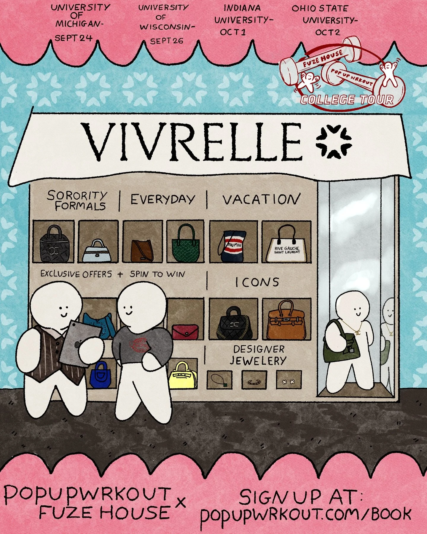 Become a @vivrelle member on tour with us! 🩷

@Vivrelle concession stand features a curated selection of bags - available to rent on-site and hand selected with the everyday routines of a college student in mind. Play spin-to-win to unlock exclusive
