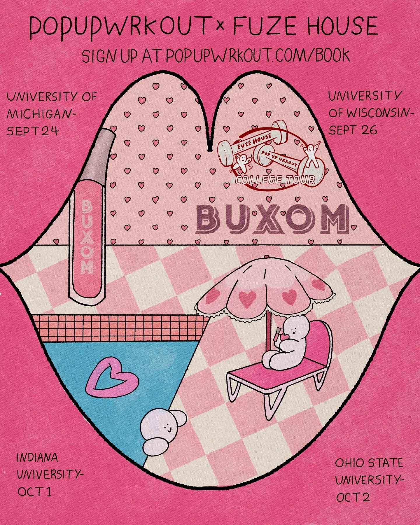 💋💋 Find a @buxomcosmetics lip shaped mirror and try their Lip Treatment, New Plump Shot Fill, Flip Lip Liner, &amp; Lip Polish sample cards at the @fuzehouse x @popupwrkout College Tour