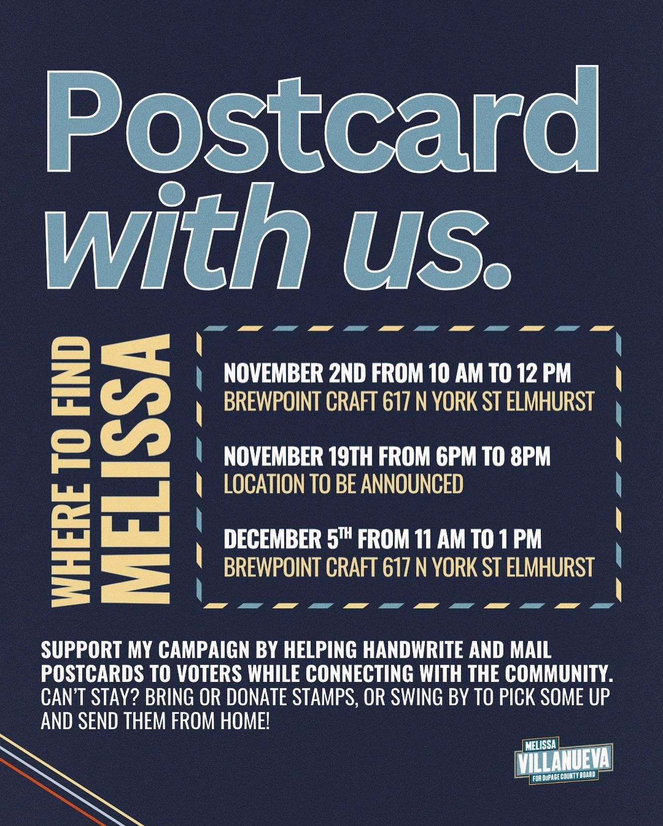 Postcard with us!

Support my campaign by joining our postcard-writing events to help reach voters and connect with the community. Postcarding is a grassroots way to get involved that not only helps raise awareness about my campaign but also allows o