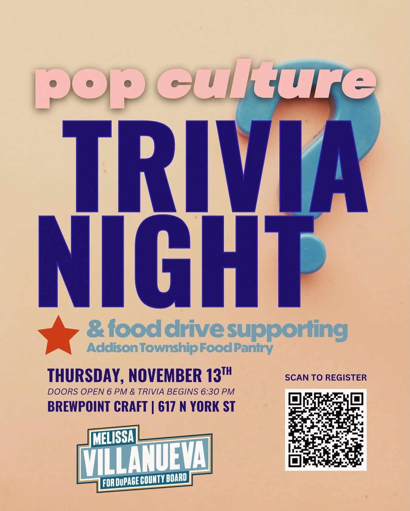 Join us for Pop Culture Trivia Night in support of my campaign for DuPage County Board District 1!

⭐️ Thursday, November 13th | 6&ndash;8:30 PM
⭐️ Brewpoint Craft | 617 N York St, Elmhurst

Doors open at 6:00 PM, and trivia kicks off at 6:30 PM, so 