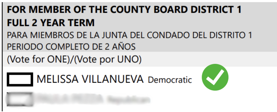Voting ballot for County Board District 1, with a selected candidate Melissa Villanueva, Democratic party, and a green check mark indicating vote.