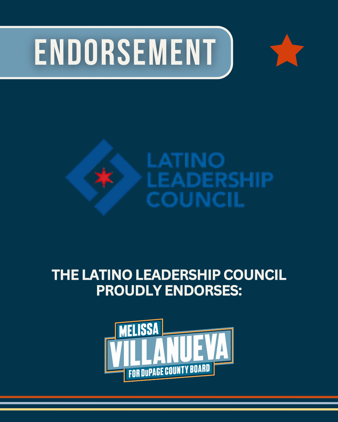 Endorsement graphic from the Latino Leadership Council, supporting Melissa Villanueva for Dupage County Board, featuring the organization's logo and a star icon.
