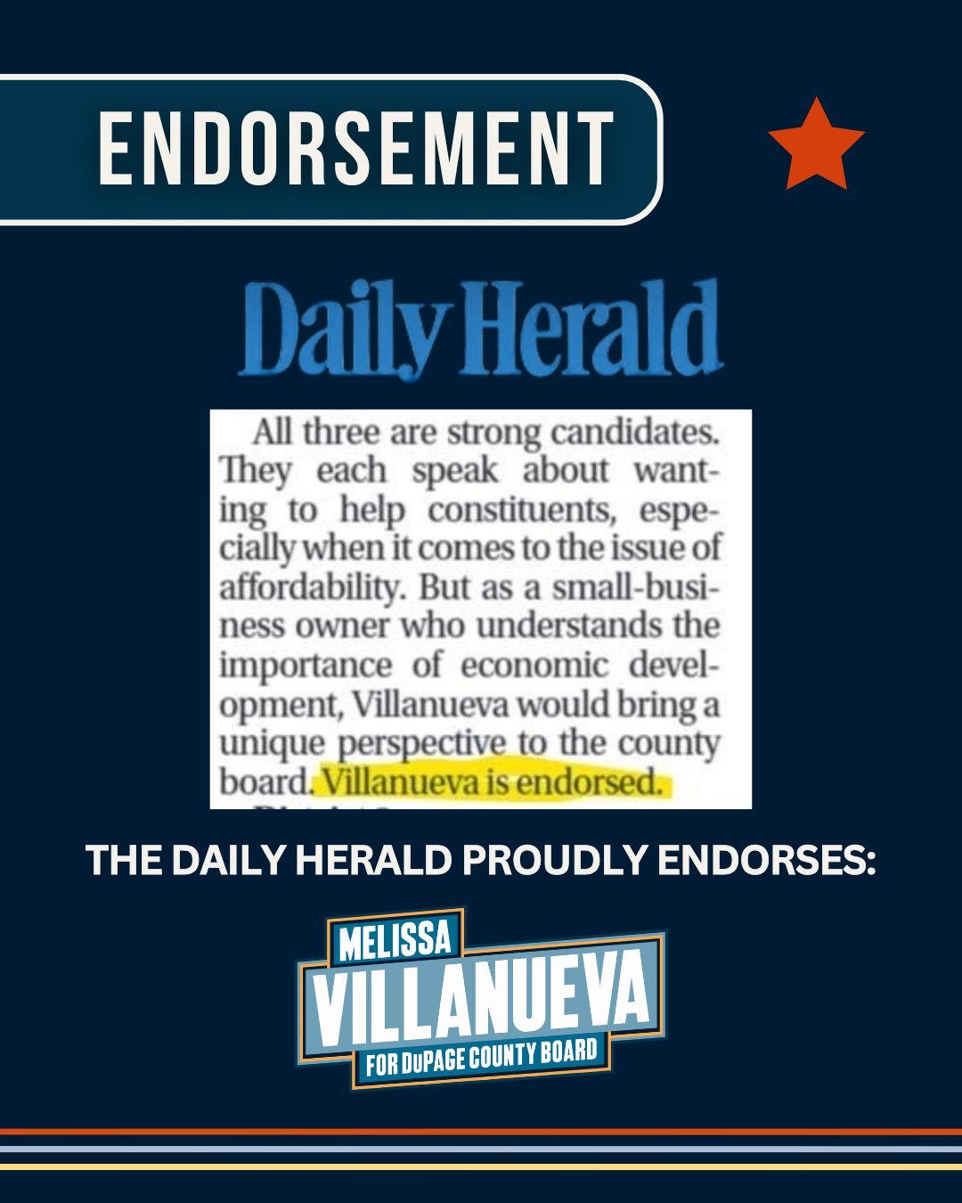 A political endorsement graphic showing the Daily Herald endorsement of Melissa Villanueva for DuPage County Board, with the quote "Villanueva is endorsed" highlighted in yellow.