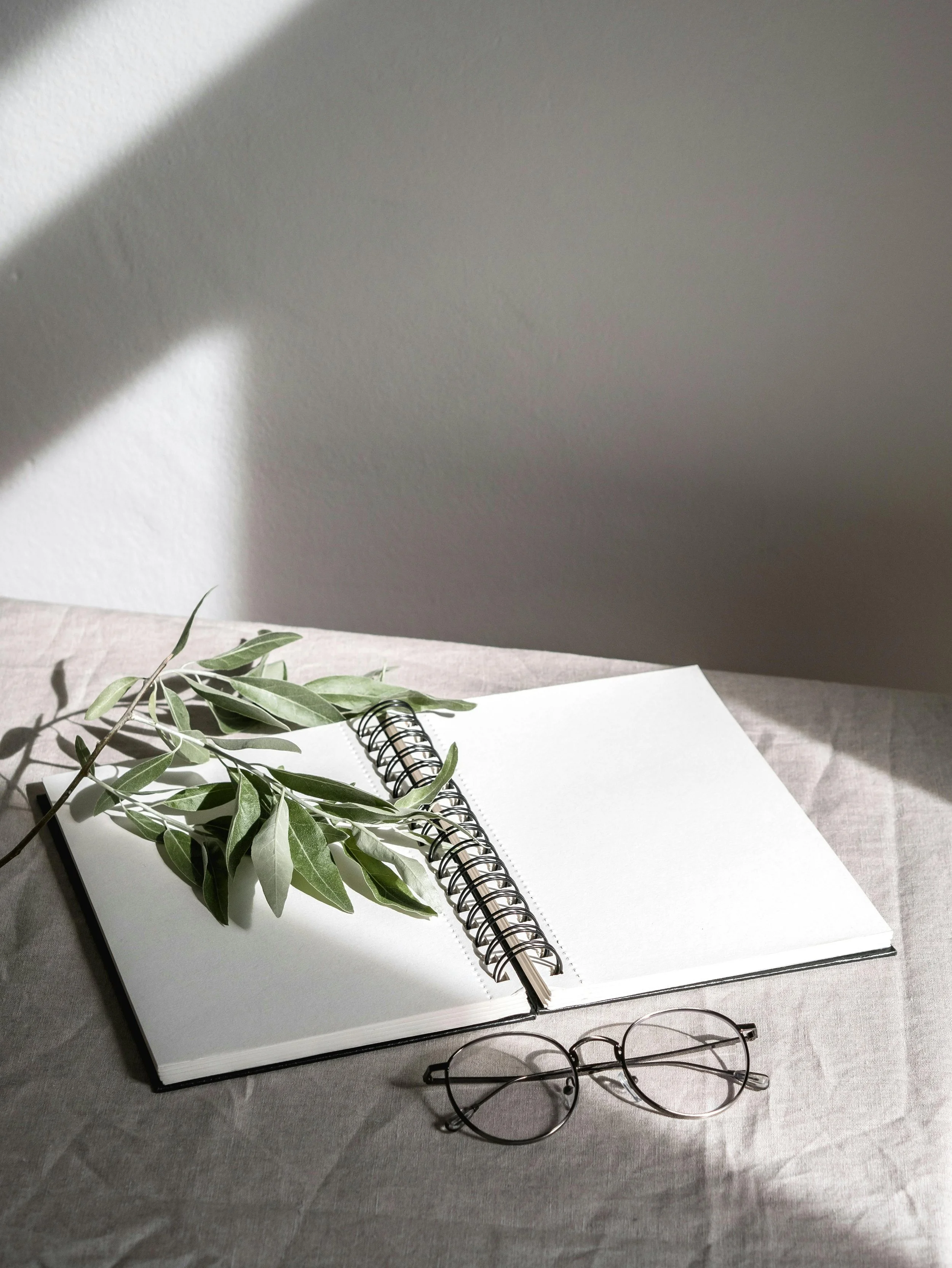 An open sketchbook with green leaves and glasses, symbolizing a fresh chapter and concrete tools for teens or adults in therapy.