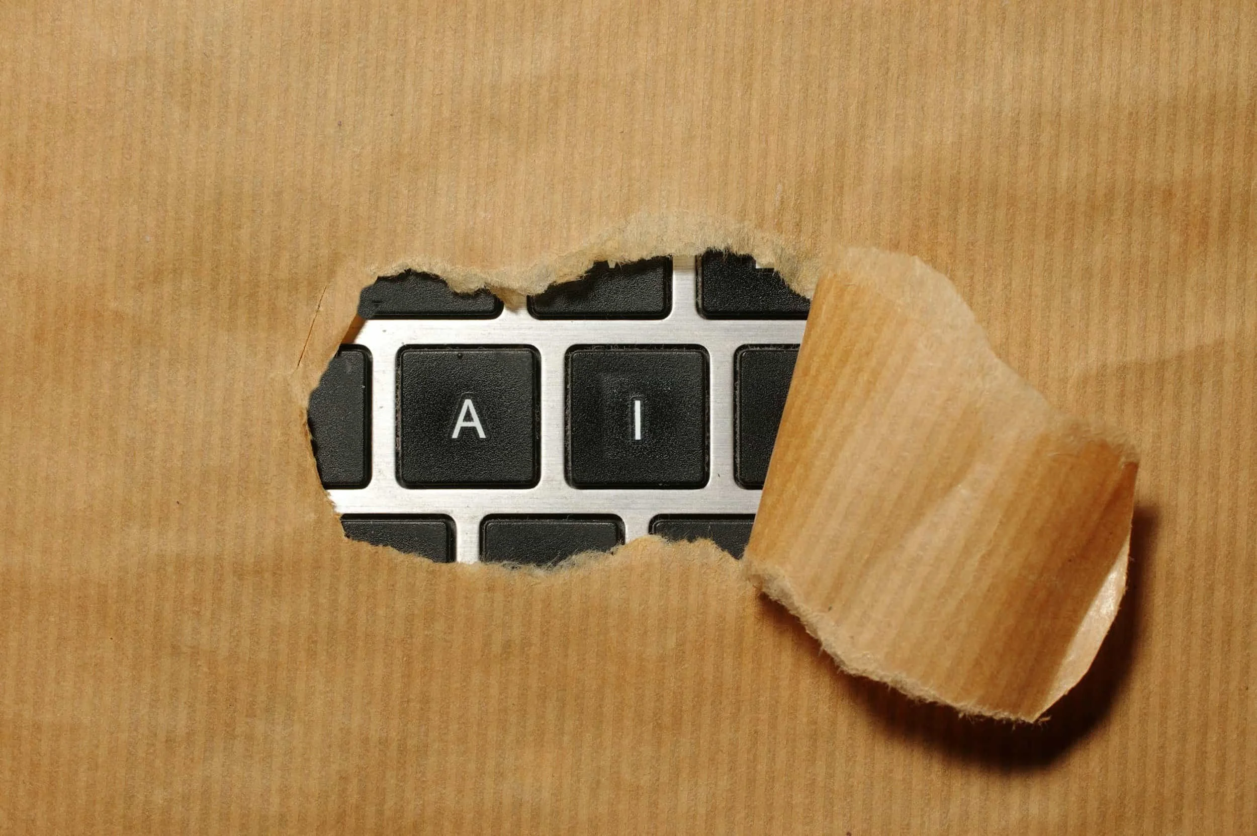 A computer keyboard viewed through a rough hole torn in brown packing paper, centering specifically on the 'A' and 'I' keys to spell out 'AI'.