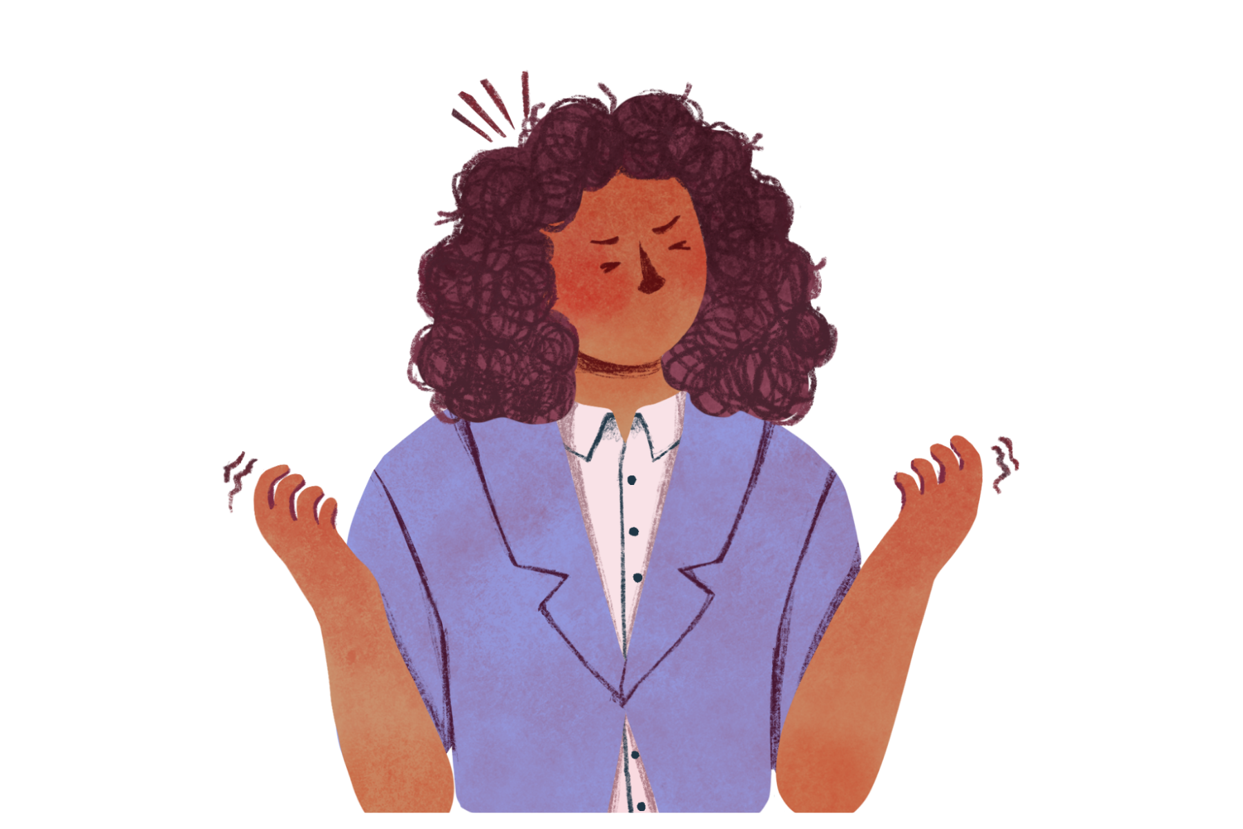 Illustration of a woman with curly hair wearing a light blue blazer over a white shirt, with a frustrated or annoyed expression and crossed arms.