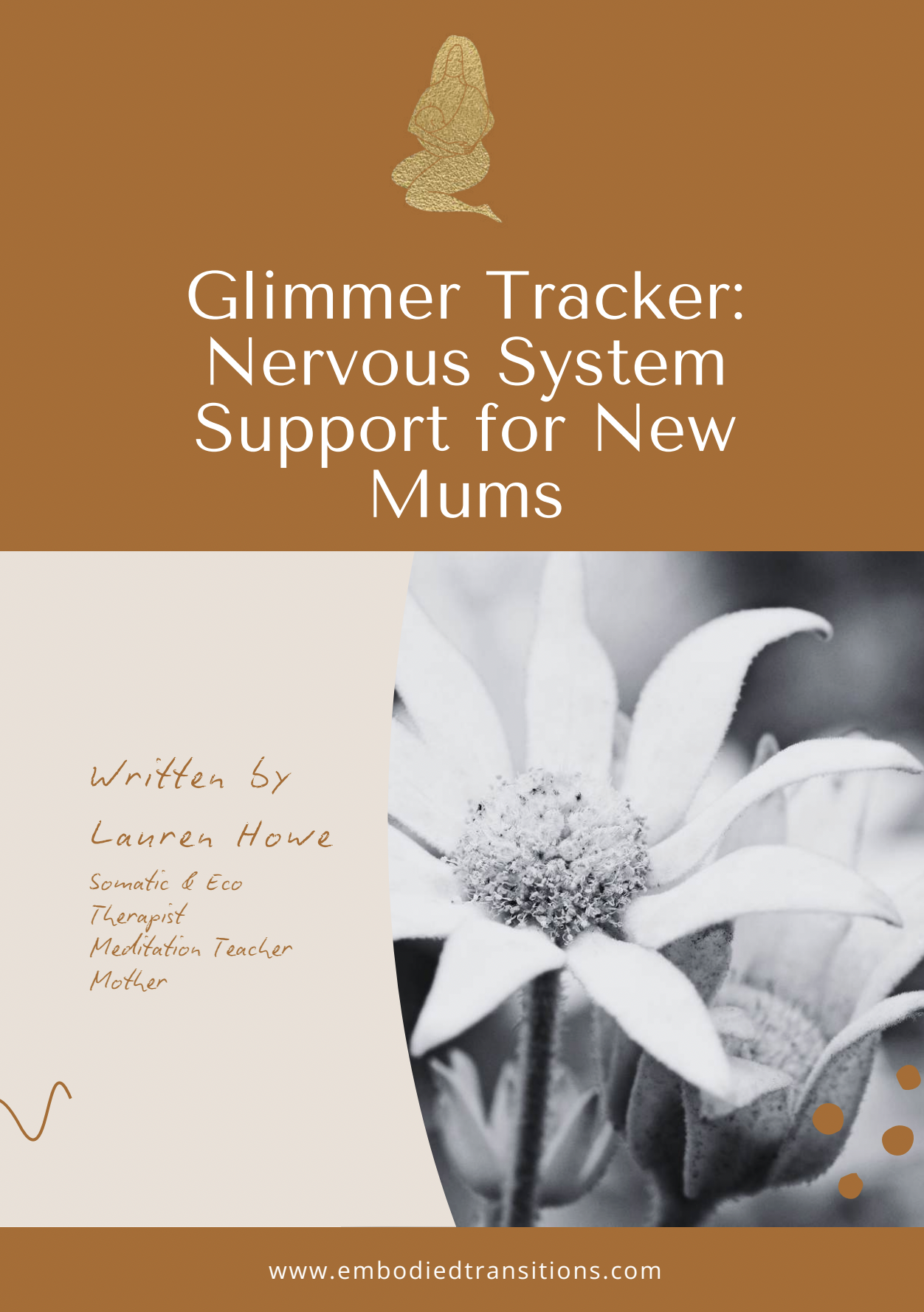 Book cover titled 'Glimmer Tracker: Nervous System Support for New Mums' by Lauren Howe, featuring a black-and-white floral photograph and a beige and brown design with text.