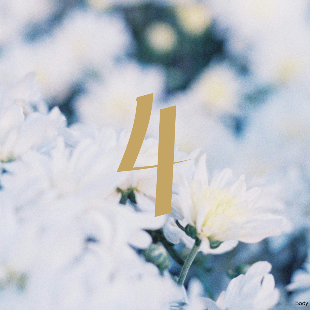 Number 4 in gold overlay on a blurred background of white flowers