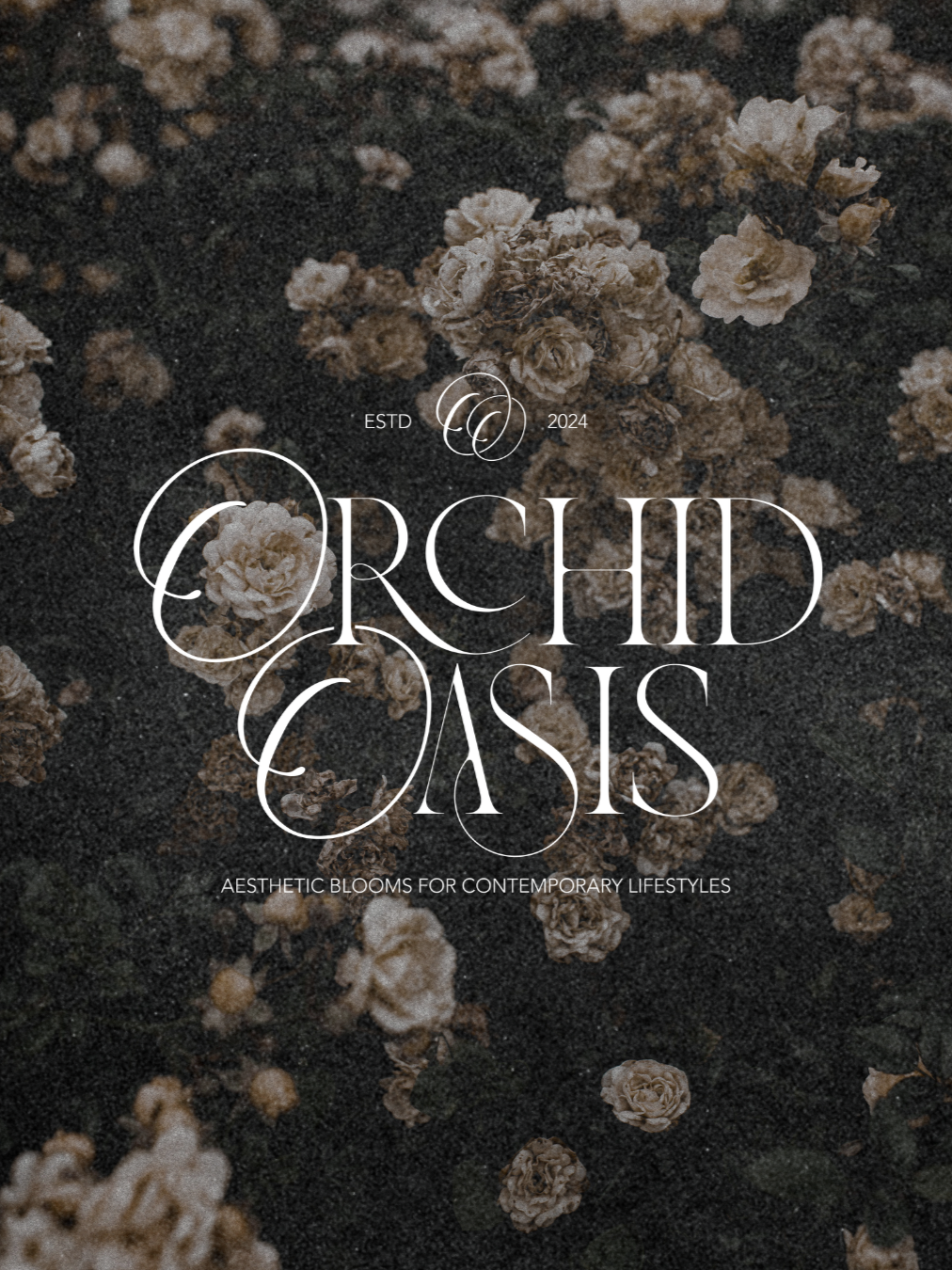 Logo for Orchid Oasis with a background of dried beige flowers scattered on dark ground, indicating a focus on aesthetic floral design.