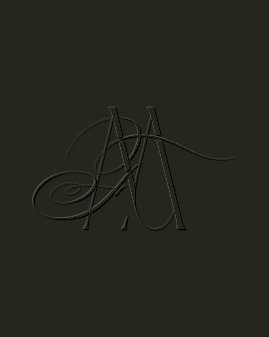 Dark background with a stylized, intricate, metallic monogram of the letters M and F intertwined.