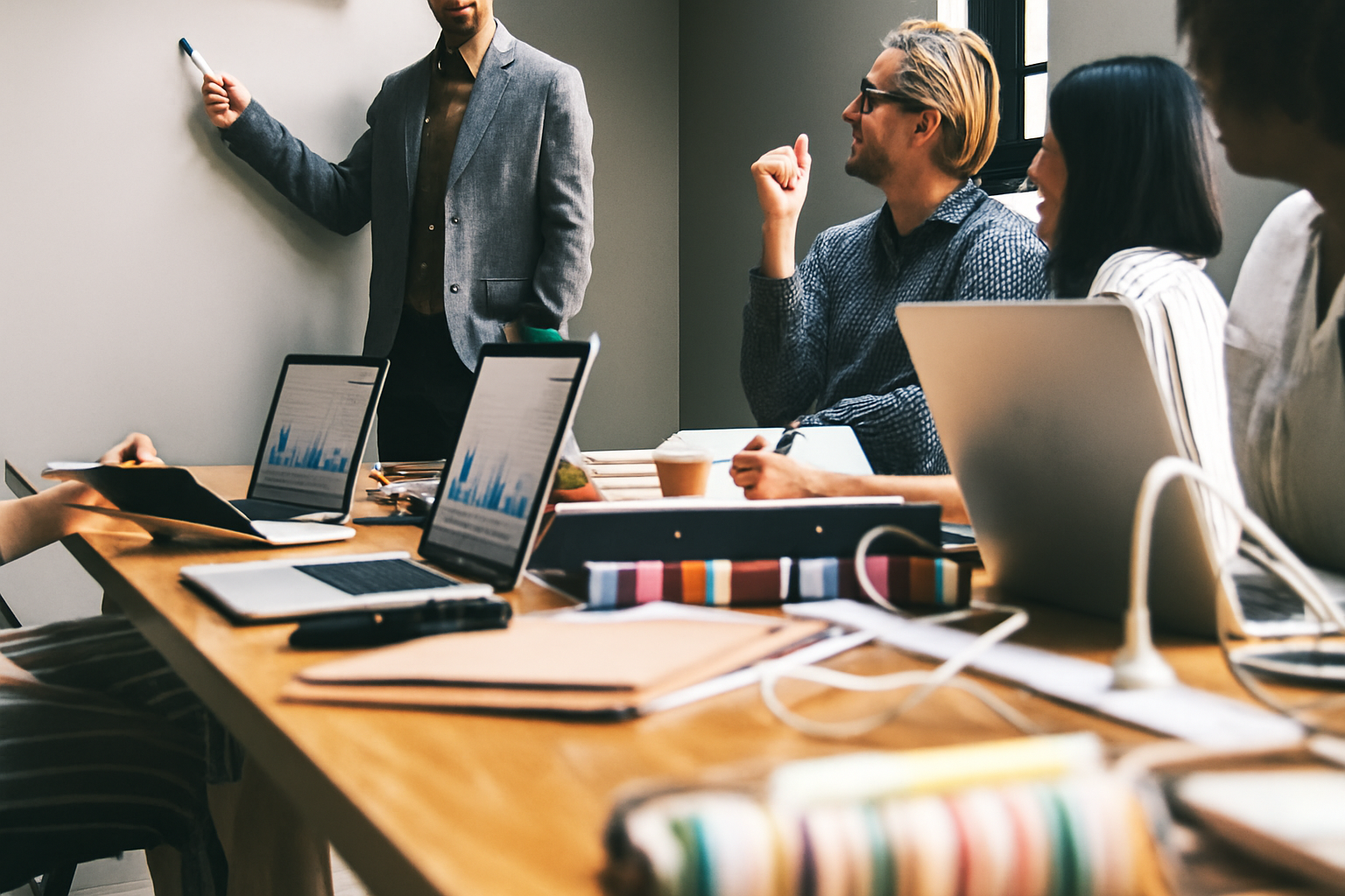 Personas en una reunión de trabajo en una sala, con un presentador de pie junto a pizarra y varias laptops abiertas en la mesa.