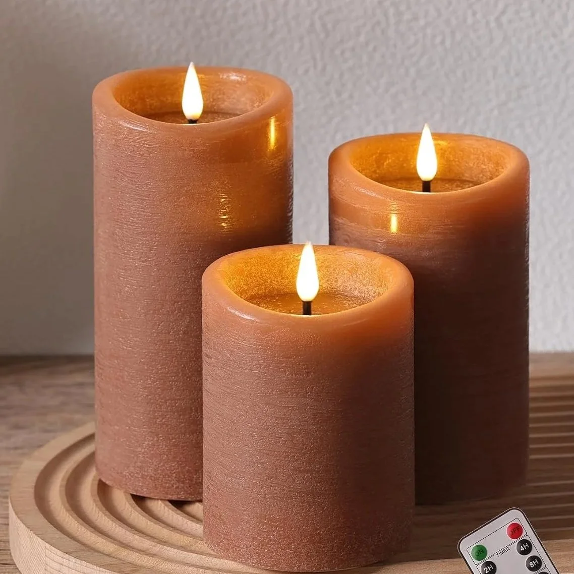 Terracotta Moving Flame LED Pillar Candles with Remote Set of 3