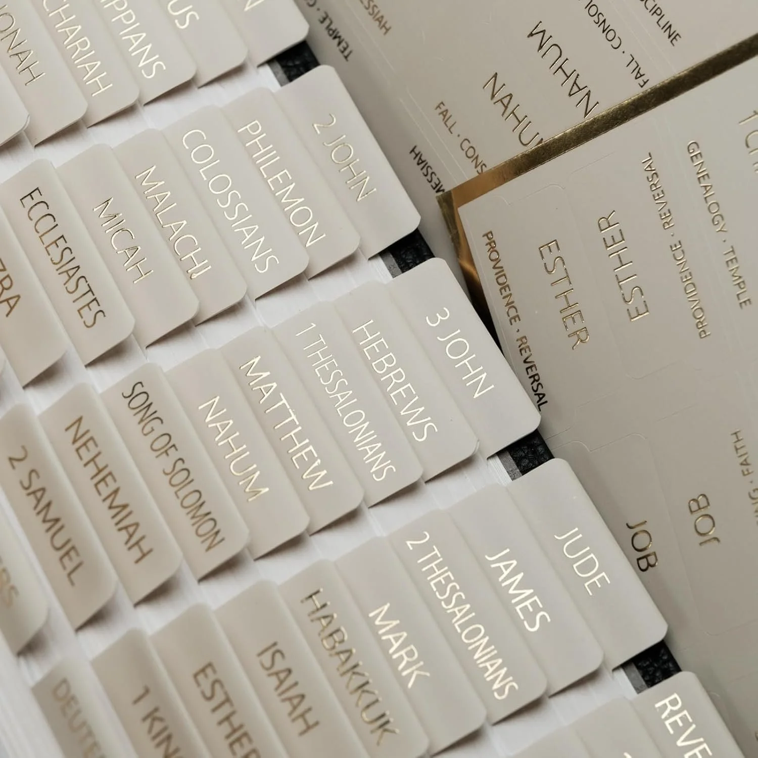 Bible Tabs with Book Summaries, 3D Gold Foil Embossed Lettering