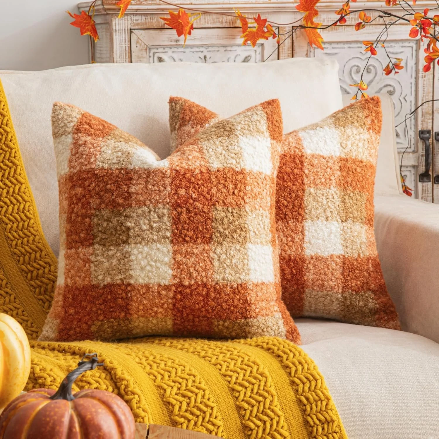 Plaid Fall Throw Pillow Covers Orange