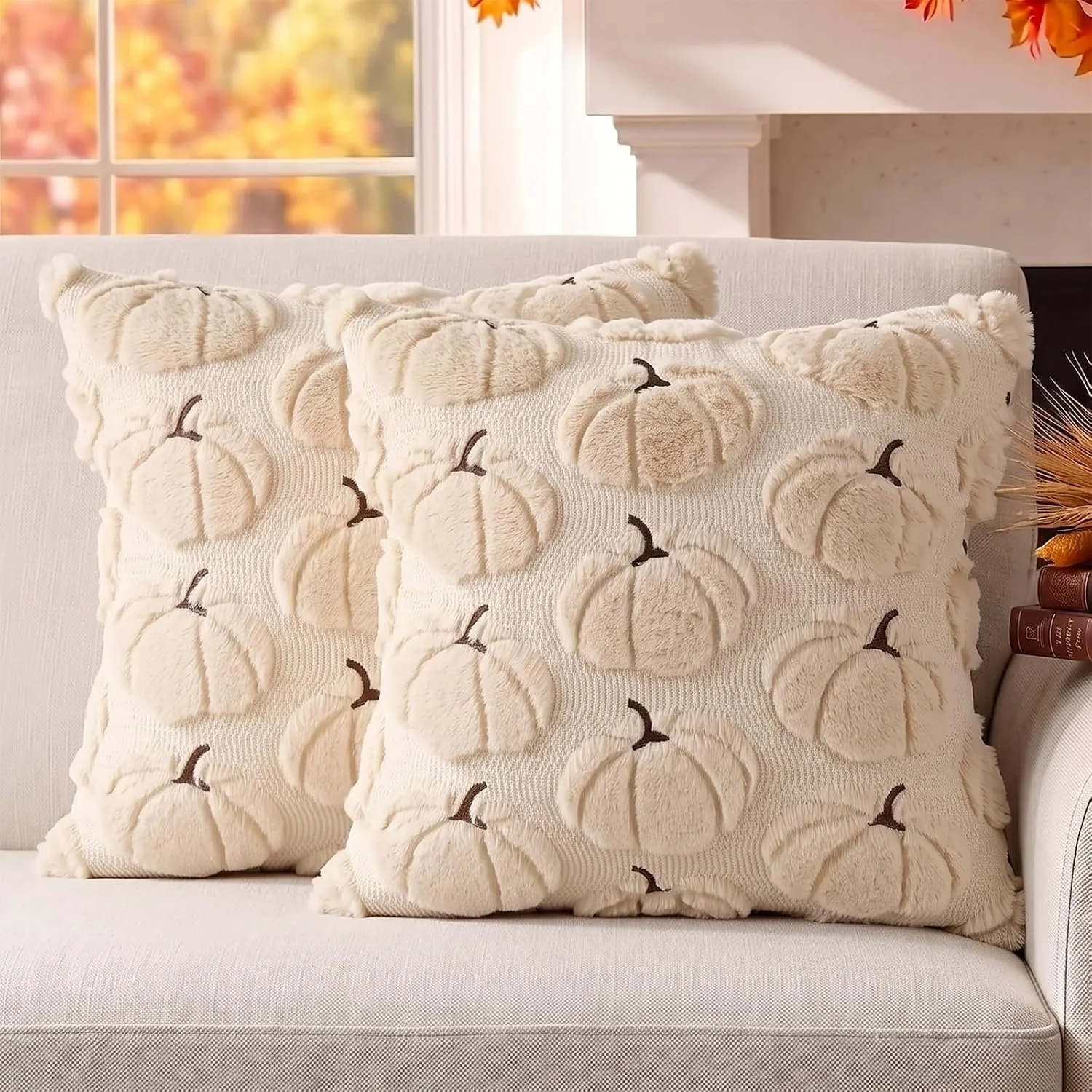 Fall Pillow Covers Pumpkin Fall Decor 18x18 Set of 2 Beige 
