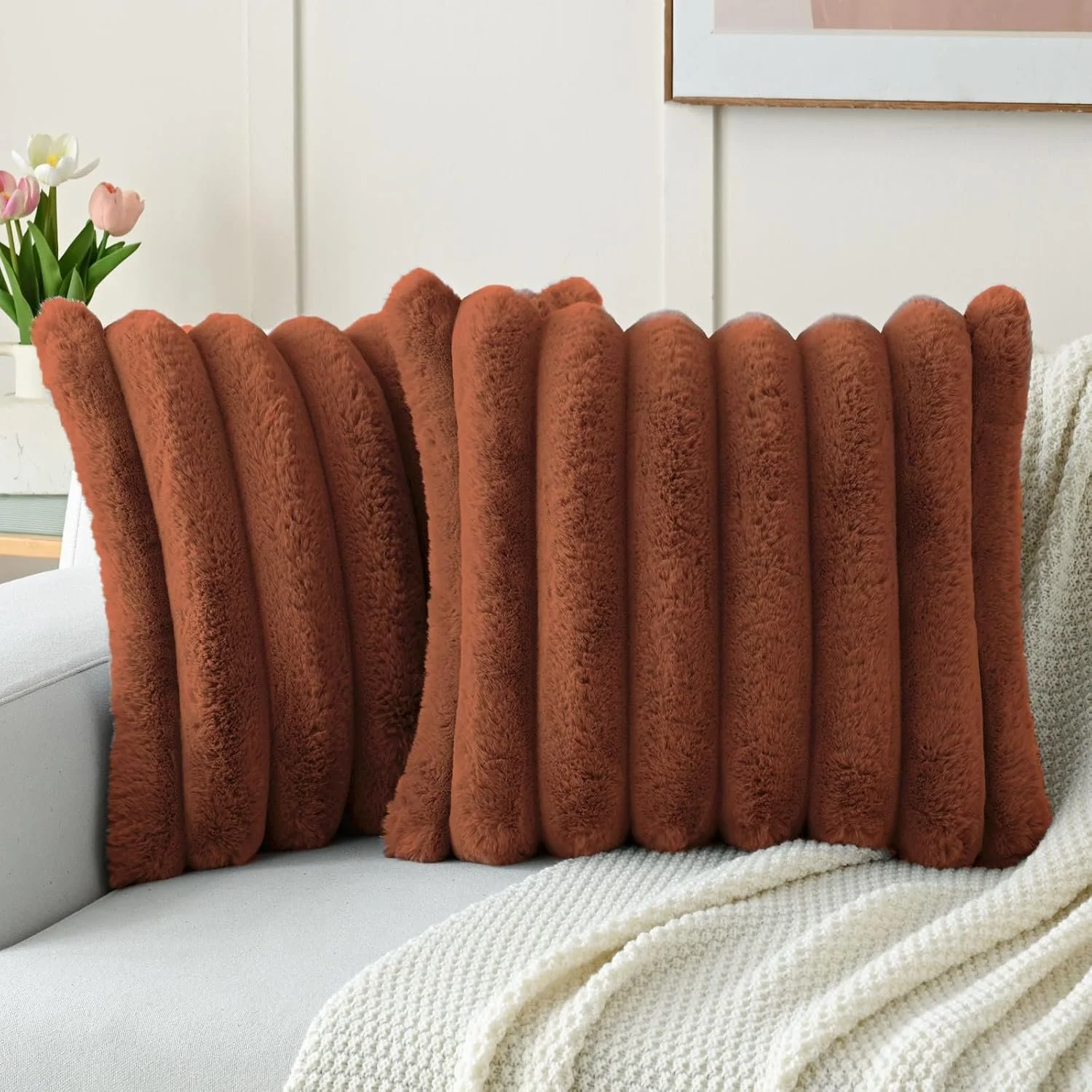Faux Rabbit Fur Throw Pillow Covers 18x18 Inch, Rust