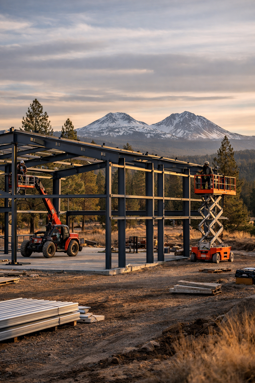 Construction workers are building a steel frame structure with scissor lifts and a telescopic handler on a construction site in a mountainous area, with snow-capped peaks and pine trees in the background during sunset.