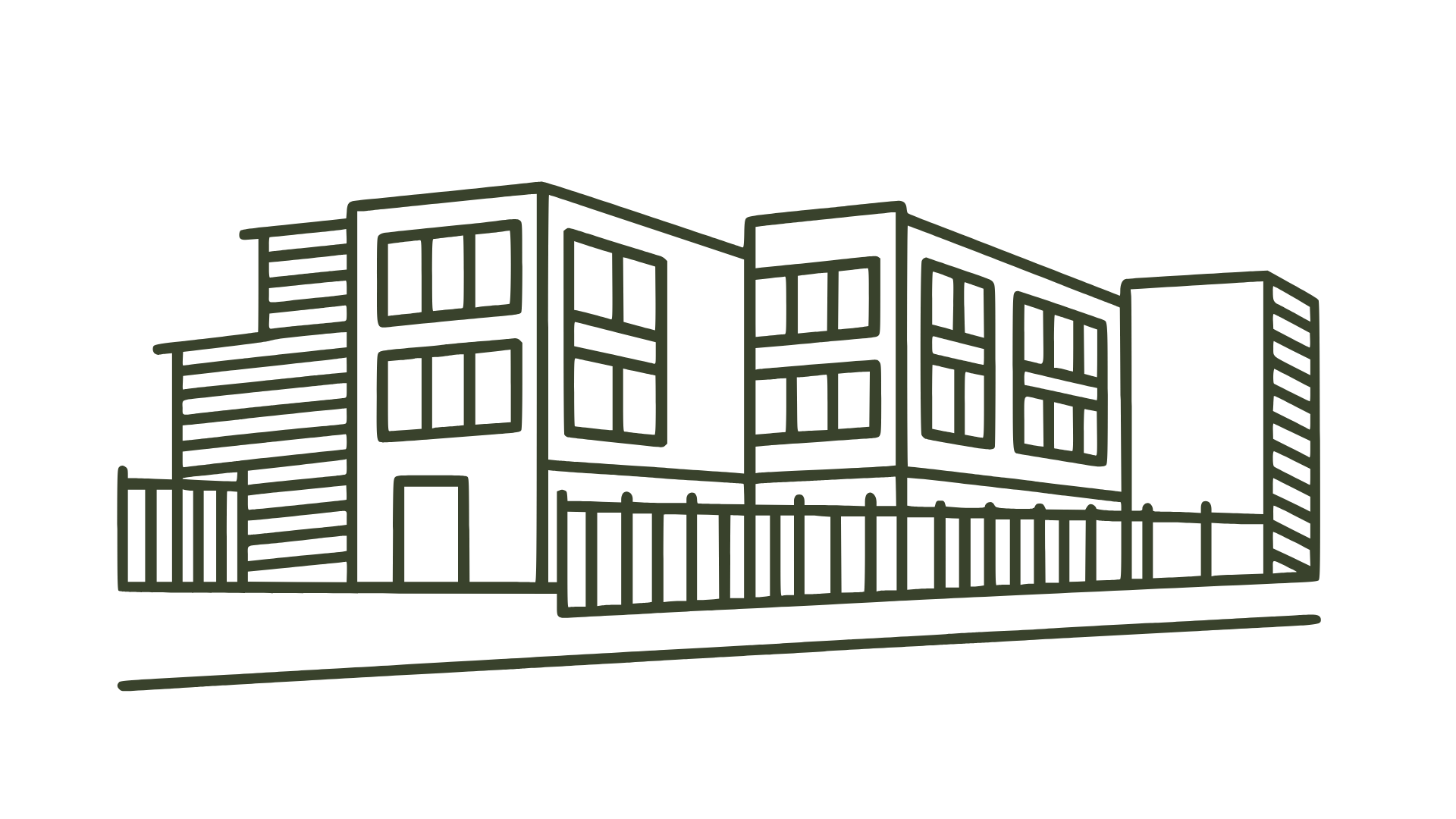 Outline drawing of a modern, multi-story residential building with large windows, a fence in front, and various sections of different heights.
