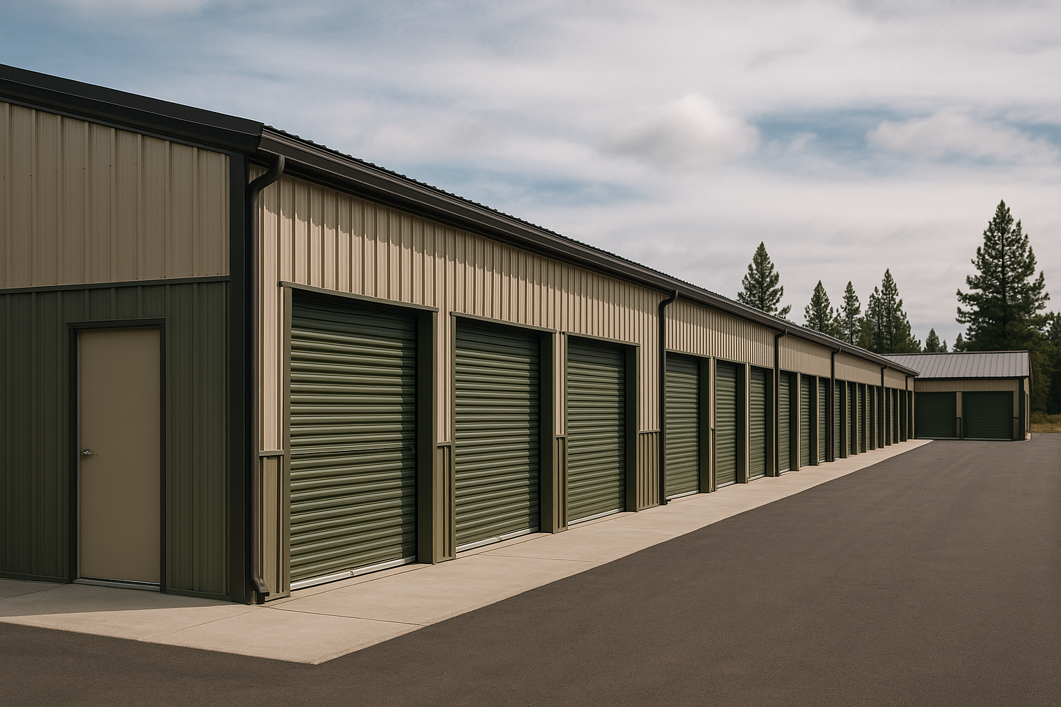 A row of storage units with closed green roll-up doors at a self-storage facility, with a beige metal building, gray pavement, and trees in the background under a cloudy sky.
