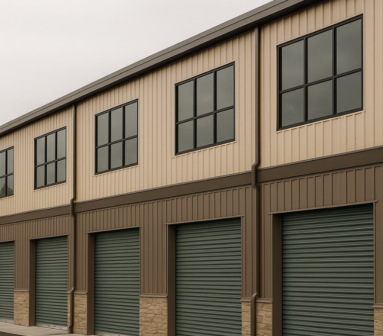 A row of commercial storage units or garages with green roll-up doors and beige metal siding, featuring large windows above each door.