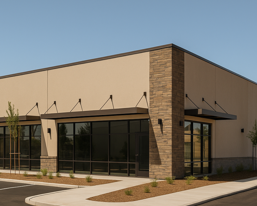 Modern commercial building with large glass windows, beige walls, and a brick corner, surrounded by a parking lot and small landscaped plants.