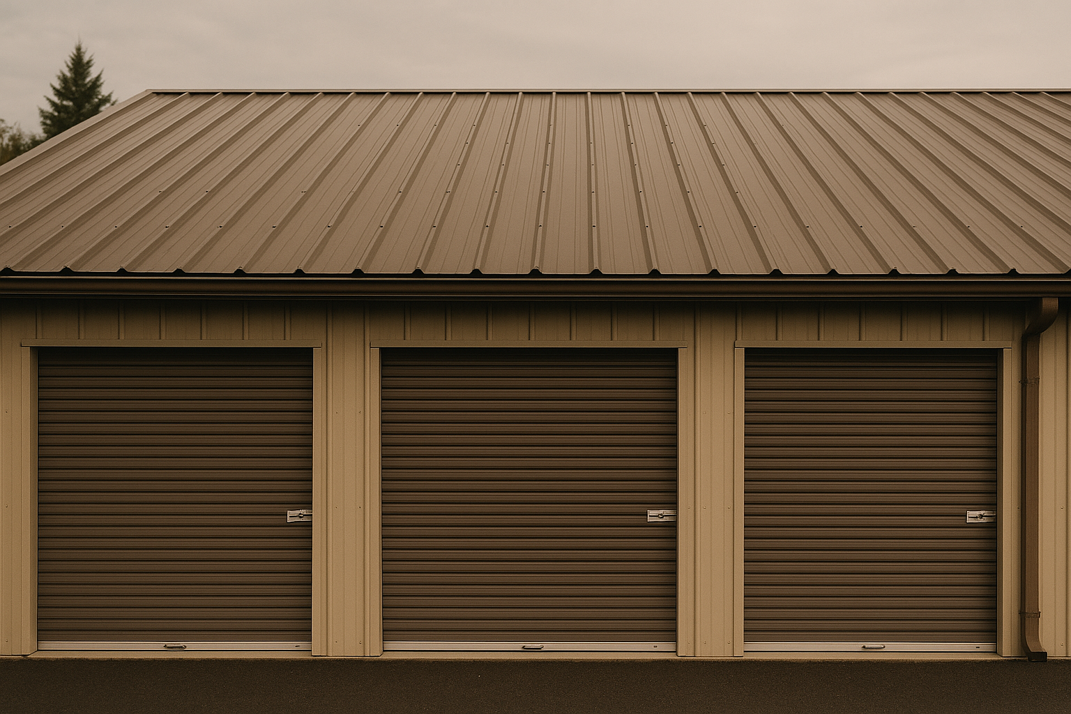 A beige metal building with a sloped metal roof and three closed brown roll-up garage doors.
