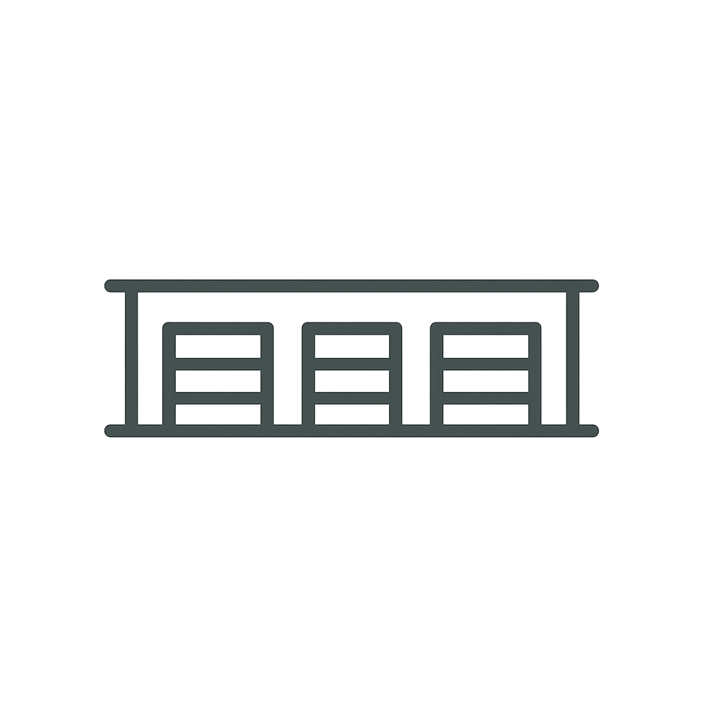 Digital illustration of a single story self storage facility, with a multiple garage doors.