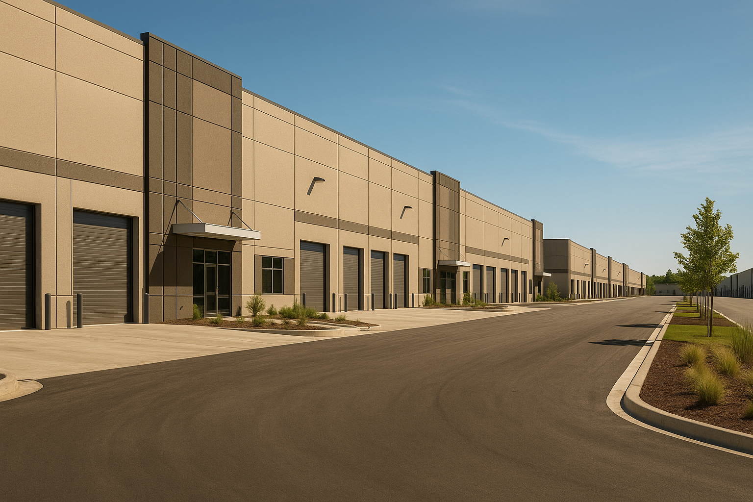 A large, modern warehouse with multiple loading docks and a parking area, surrounded by young trees and landscaped grounds under a clear blue sky.