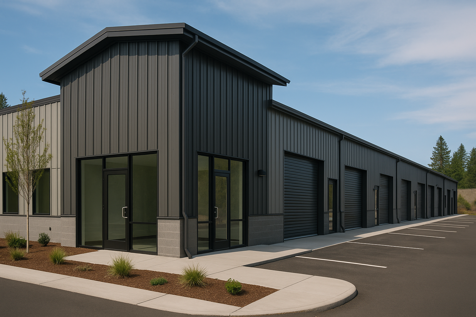 Modern industrial warehouse with metal siding and multiple garage doors, located in a parking lot with marked spaces and a landscaped border.