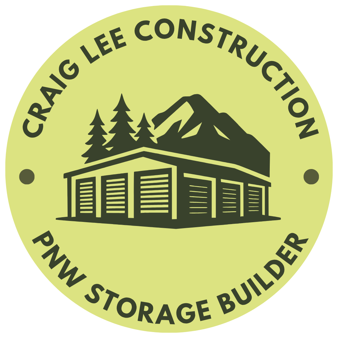 A circular logo with a light green background, featuring a black illustration of a storage building, trees, and a mountain, and text around the circle reading 'Craig Lee Construction' at the top and 'PNW Storage Builder' at the bottom.