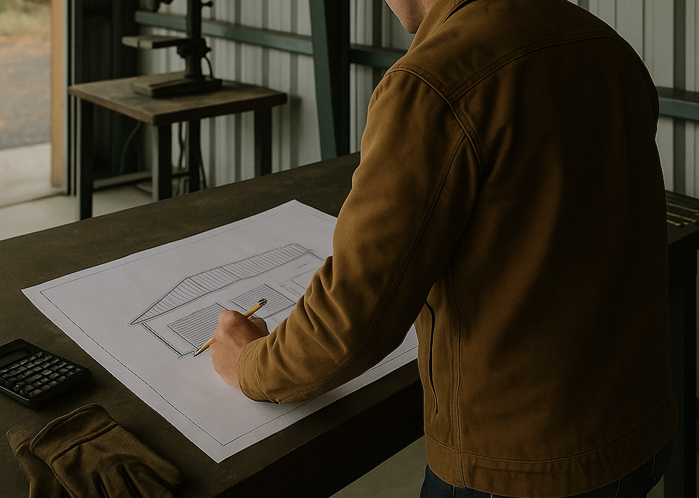 Person in brown jacket working on a self storage architectural blueprint at desk with calculator and gloves.