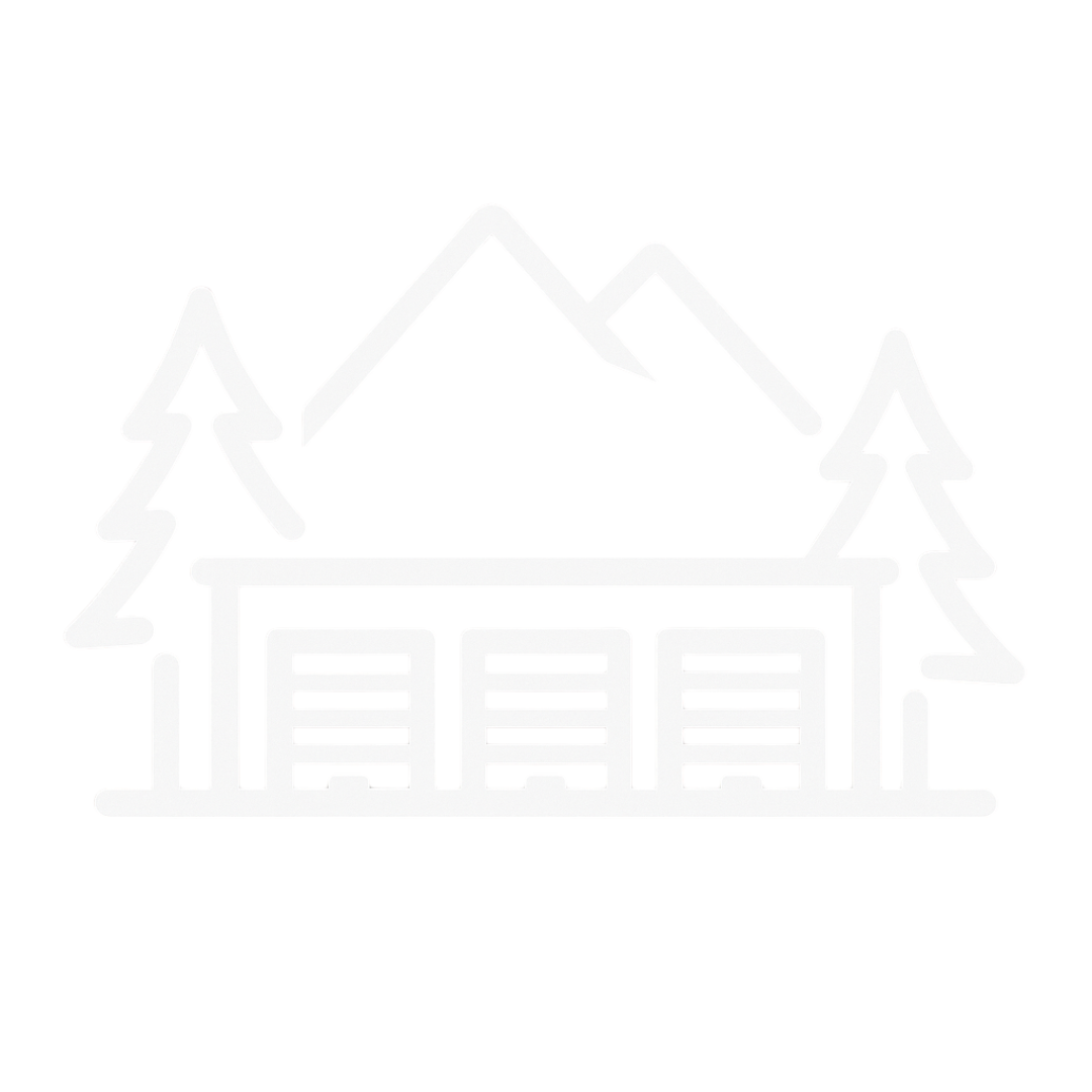 Line drawing of a mountain, two pine trees, and a cabin on a black background.