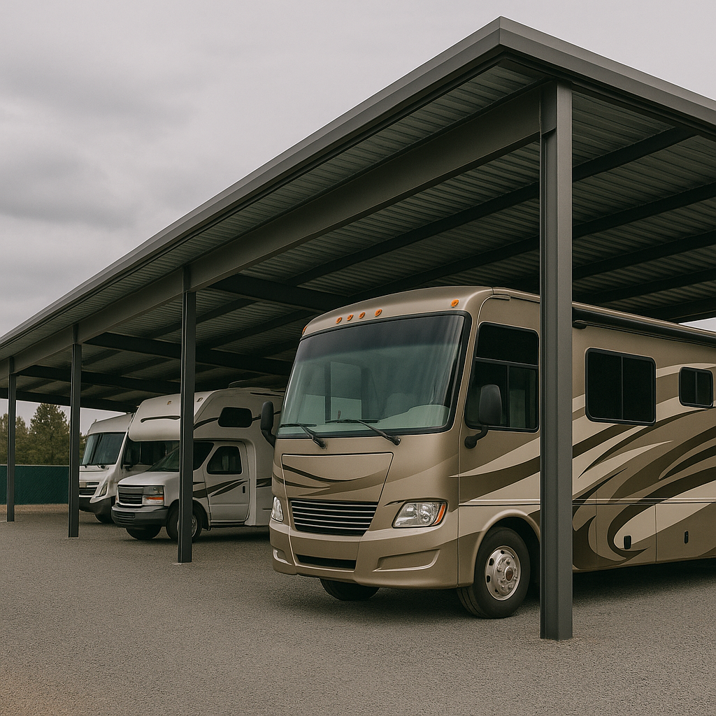 Several recreational vehicles parked under a covered outdoor structure with a gray sky in the background.