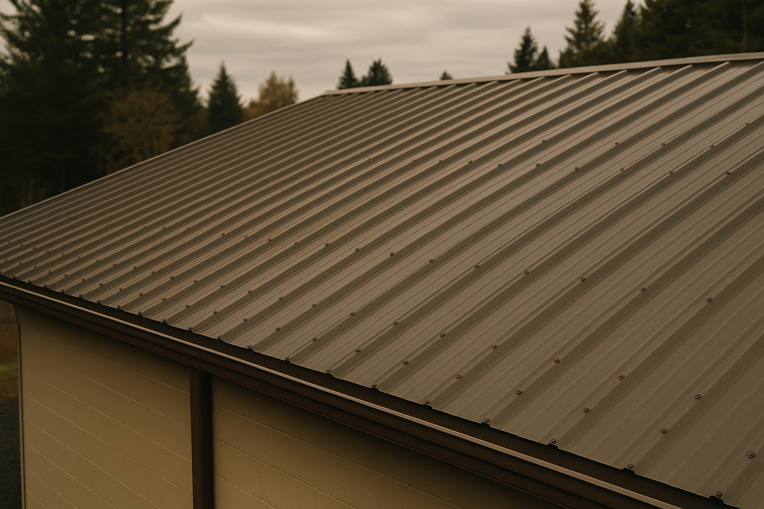 Close-up of a metal roof with parallel ridges, over the corner of a beige building, with a background of trees and an overcast sky.