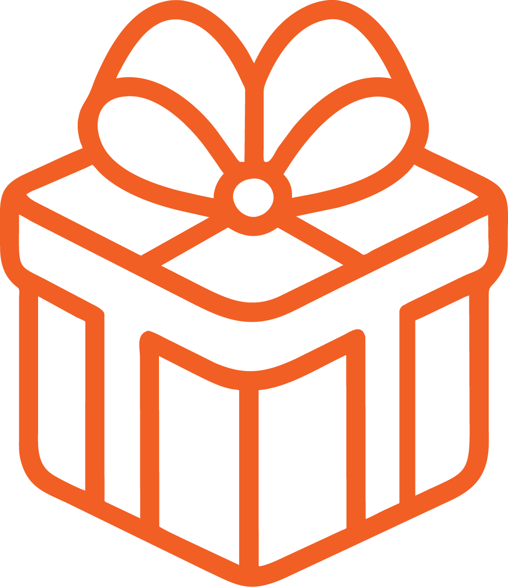 Outline icon of a wrapped gift box with a bow on top.