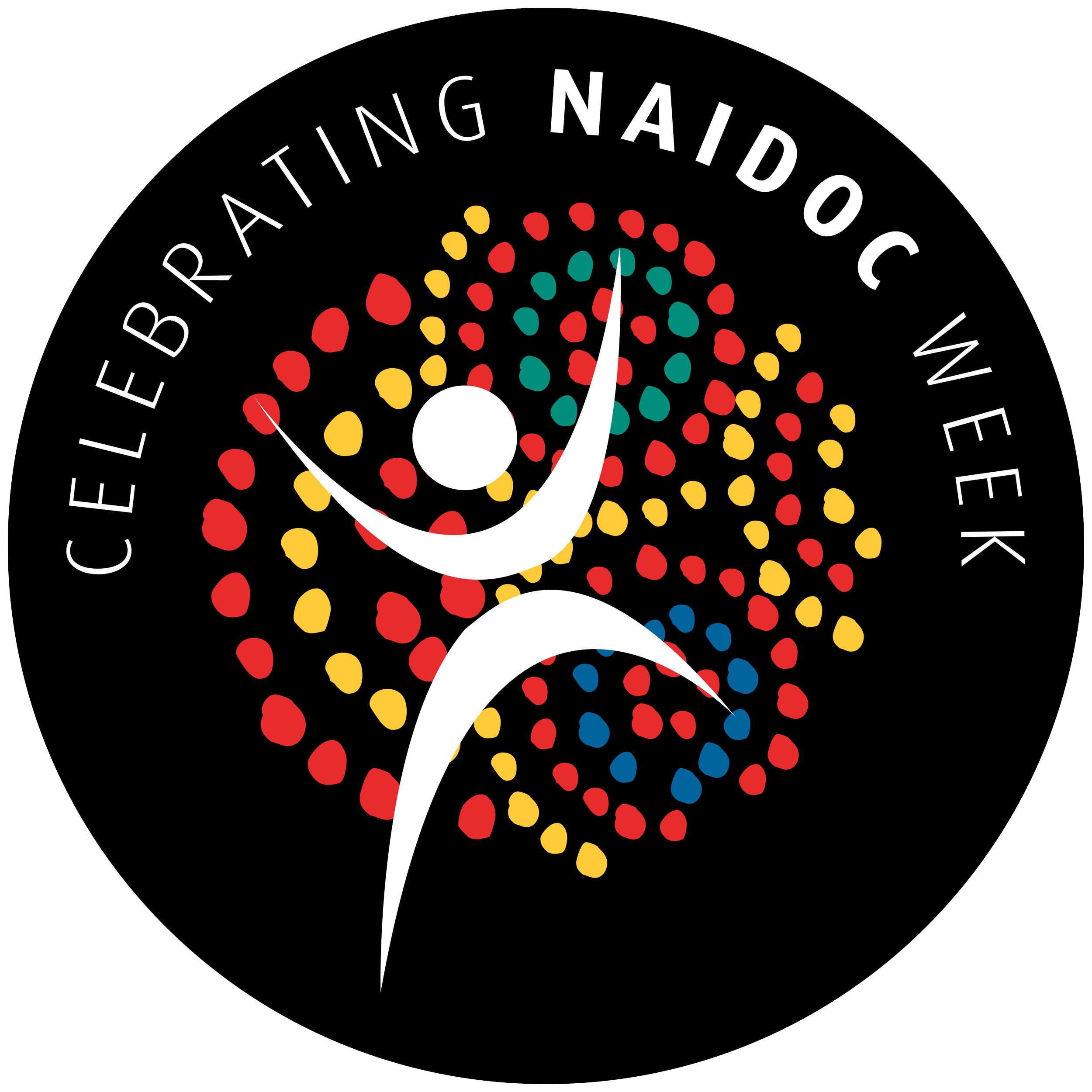 Circular logo with the text 'Celebrating Naidoc Week' around the edge. Inside the circle are two white stylized human figures with arms raised, surrounded by colorful dots representing fireworks or celebration. The background is black.