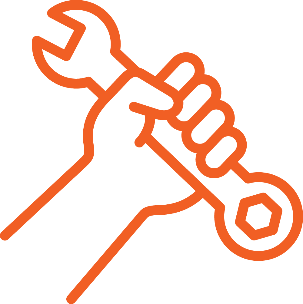 Outline drawing of a hand holding a wrench, depicted in orange on a black background.