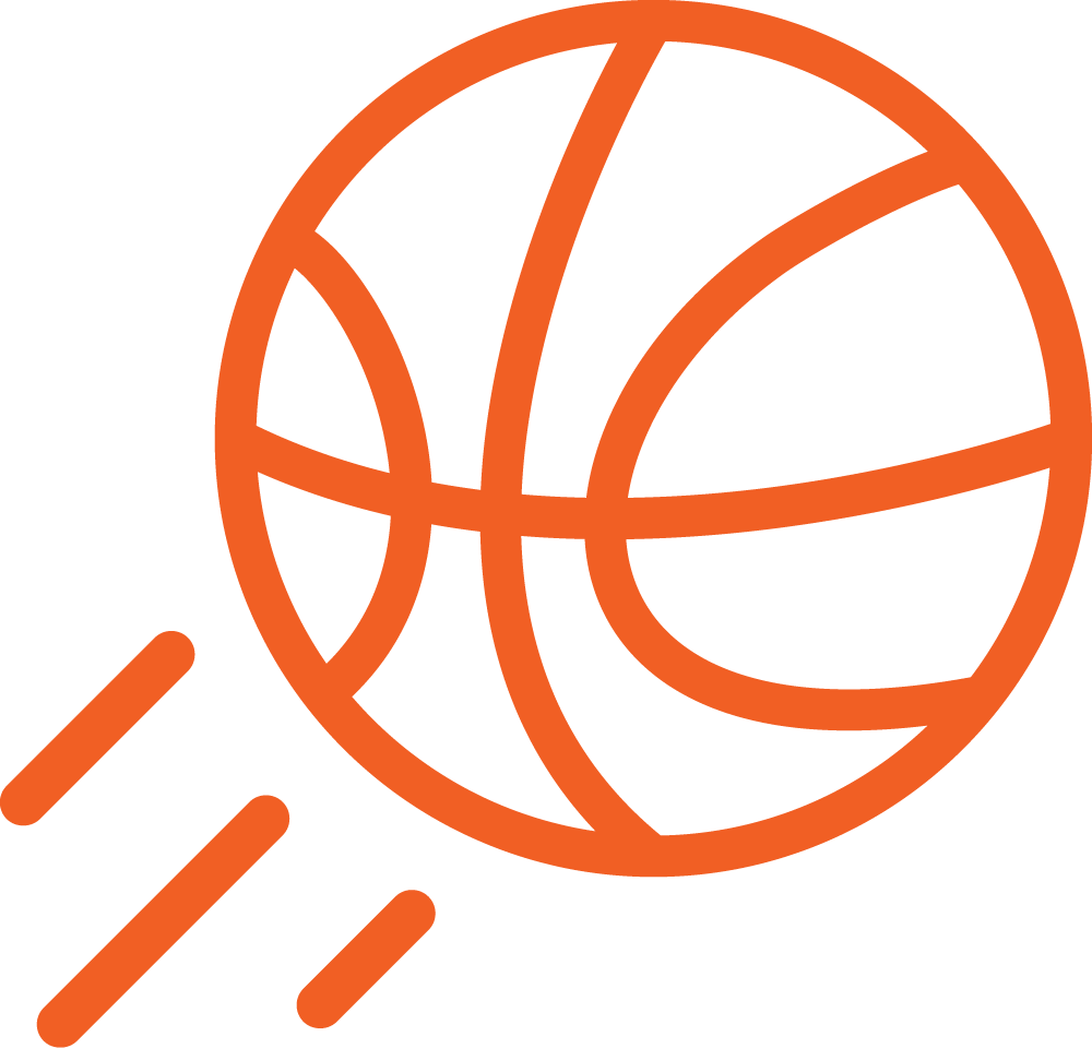 Orange line art basketball with motion lines indicating speed or movement.