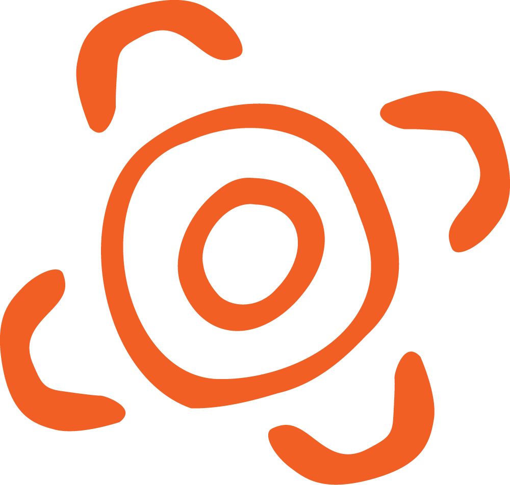 Orange spiral design with four curved lines surrounding it on a black background.